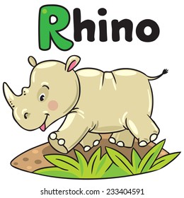 Children vector illustration of little funny rhino, running down the road. Alphabet R