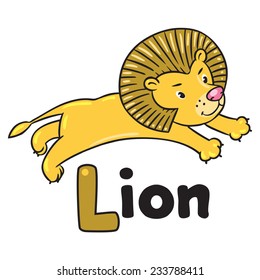 Children vector illustration of little funny lion jumping out of the jungle. Alphabet L