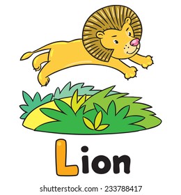 Children vector illustration of little funny lion jumping out of the jungle. Alphabet L