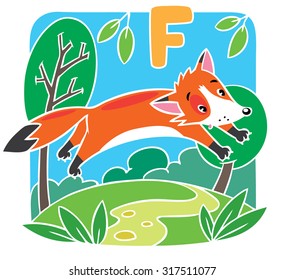 Children vector illustration of little funny red fox at the lawn. Alphabet F
