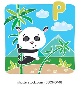 Children vector illustration of Little funny panda sits on bamboo. Alphabet P