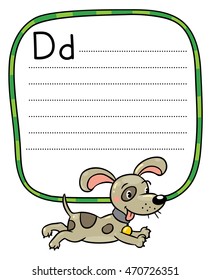 Children vector illustration of little funny dog or puppy. Alphabet D. Including frame with dotted lines and place for writing