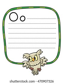 Children vector illustration of little funny owl sitting on the branch of an oak tree. Alphabet O. Including frame with dotted lines and place for writing
