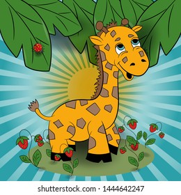 children vector illustration of little giraffe in a clearing among the raspberries among the foliage EPS 10