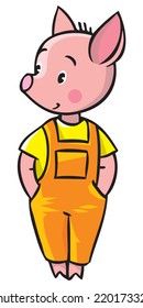 Children vector illustration of little piglet in orange overall.