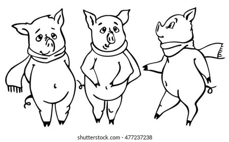 Children vector illustration for poster or card of funny piglets from fairy tale Three Little Pigs. Ink drawing vector isolate.