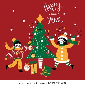 Children vector illustration print New Year, children around the Christmas tree, Christmas decorations gifts