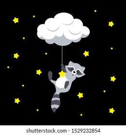 Children vector illustration with raccoon. Invitation card. Raccoon and cloud on a black background. Template for children's rooms, posters, flyers, cards, parties and other uses.