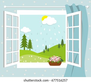 Children Vector illustration of a room with a window, room flowers and a view of the summer landscape and rain