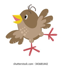 Children vector illustration of small funny jumping sparrow with shot wings and yellow bill