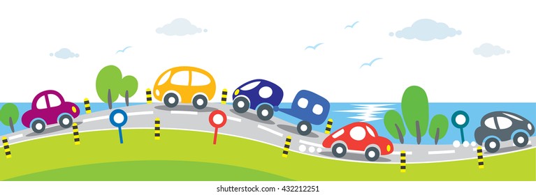 Children vector illustration of small funny cars, going to the sea. Horizontal seamless background or pattern.