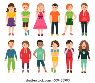Children vector illustration. Standing kids, boys and girls teenagers isolated on white background