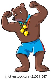 Children vector illustration of strong bear-winner with three medals