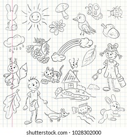children vector illustration in the style of sketch elements for design nature Pets plants kids boy girl nature is isolated