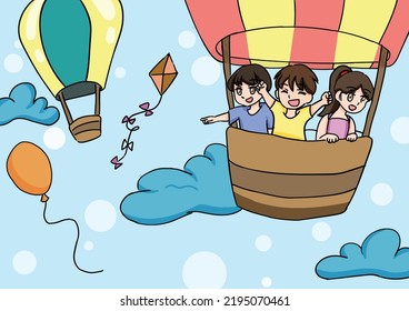 children vector illustration with three little children in a air balloon