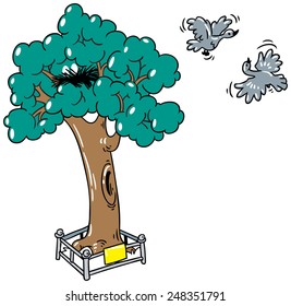 Children vector illustration of two gray flying birds near a tree with nest