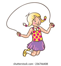 Children vector illustration in vintage color of small girl jumping with a rope