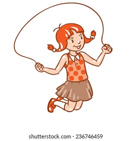 Children vector illustration in vintage colors of small girl jumping with a rope