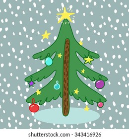 Children vector image with a Christmas tree and snow Christmas balls, snowflakes
