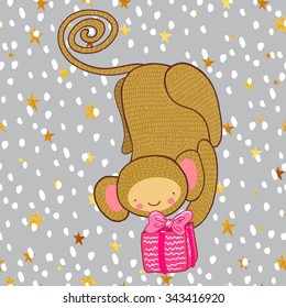 children vector picture with Christmas cute monkey with gift box and snowflakes and golden stars, a symbol of the new year.