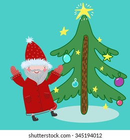 children vector picture with Christmas cute santa claus and Christmas tree and stars