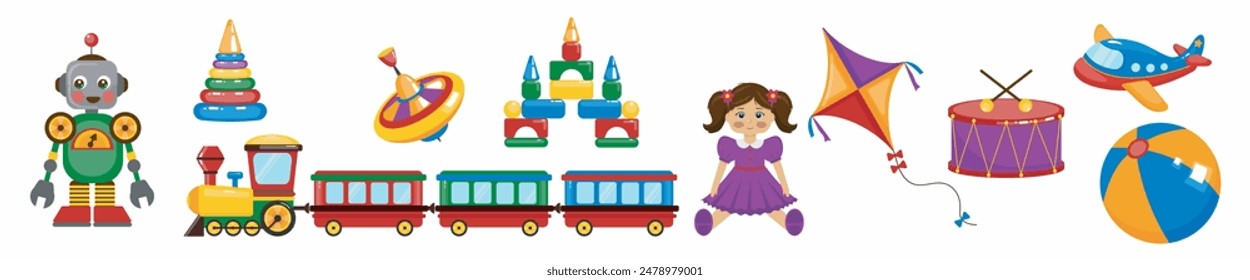 Children vector set of colorful toys. Robot, pyramid, toy train, whirligig, construction set, cubes, drum and doll. Baby toys on white background.