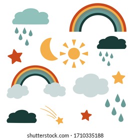 Children vector set of cute flat illustrations - sun, clouds, moon, stars and rainbow.