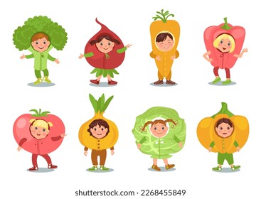 Children in vegetables costumes. Cute little boys and girls in fancy dress. Vegetarian party clothes. Theatre carnival outfit. Organic products. Festival clothing