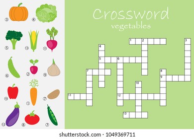 ?rossword for children, vegetables theme, fun education game for kids, preschool worksheet activity, vector illustration