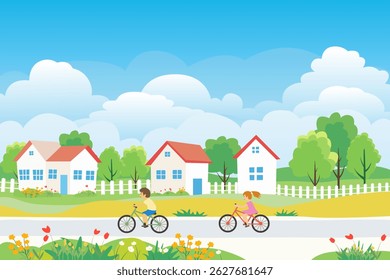 Children in the village riding bicycles. A boy and a girl are riding bicycles along a street in a village against the background of houses with fences, flowers, green grass and trees. Rural landscape.