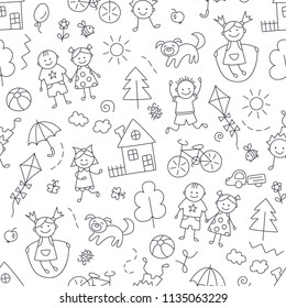 Children in the village. Seamless pattern in doodle and cartoon style. Vector. EPS8