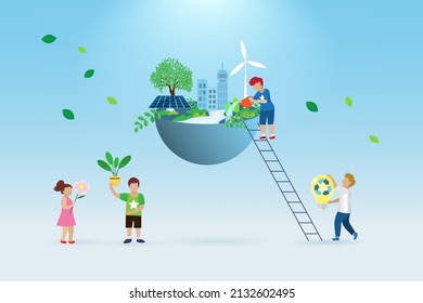 Children with virtual environmental friendly world. Earth day concept for sustainable strategy of eliminate waste and pollution, renewable and reuse natural resources in next generation.