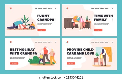 Children Visit Grandfather Landing Page Template Set. Grandpa Playing, Read Book, Walk in Park Together with Grandchildren. Happy Family Characters Loving Relations. Cartoon People Vector Illustration