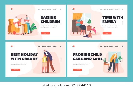 Children Visit Grandmother Landing Page Template Set. Granny Reading Book, Knit Socks and Hug Grandchildren. Happy Family Characters Relations, Togetherness. Cartoon People Vector Illustration, Set