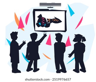 Children visit museum or art gallery silhouette image. Educational resource for children to learn about art and culture, flat vector illustration isolated on white background.