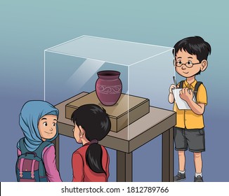 Children visit the old pottery at the Museum-vector