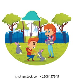 Children Visiting Animal Petting Zoo Park Playing with Bunnies at Summer. Boy and Girl Feeding Rabbits Walking on Green Grass on Nature Landscape Background. Farm Life Cartoon Flat Vector Illustration