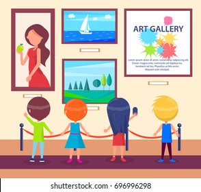 Children visiting art gallery and looking at pictures. Vector colorful illustration in graphic design of small people developing mentally