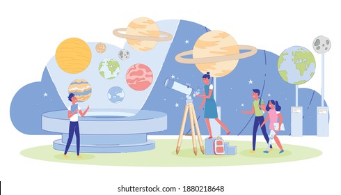 Children Visiting Innovation Educative Excursion at Planetarium. Kid at Observatory. Boy and Looking at Telescope, Listening Story about Planet in Solar System. Astronomy Lesson. Vector Illustration