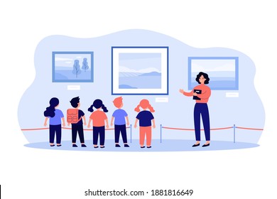 Children visiting museum excursion, standing at picture and listening to guide. Vector illustration for art gallery, cultural education, exhibition concepts