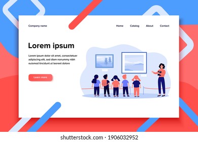 Children visiting museum excursion, standing at picture and listening to guide. Vector illustration for art gallery, cultural education, exhibition concepts