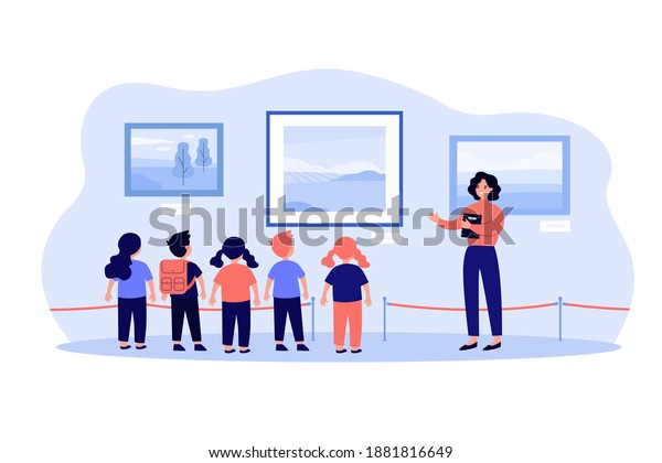 Children visiting museum excursion, standing at picture and listening