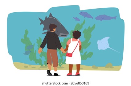 Children Visiting Oceanarium, Baby Characters in Public Aquarium. Family Spare Time and Recreation, Weekend Leisure, Excursion. Underwater Animals Fauna, Tourism. Cartoon People Vector Illustration