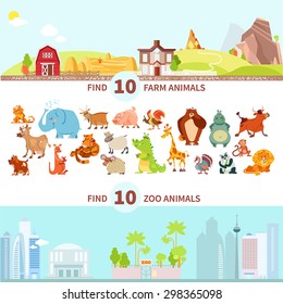 Children visual puzzle,maze game to match animals to farm and zoo.Cartoon characters set. Vector illustration