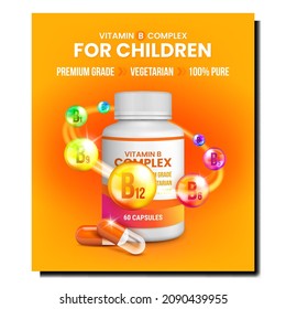 Children Vitamin health poster. Food supplement. Natural cemistry vitamin. realistic poster vector Illustration