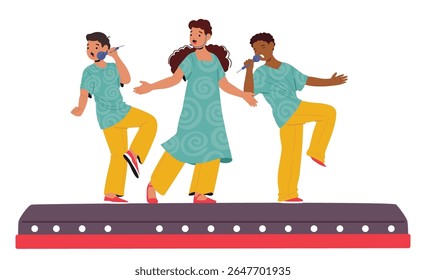 Children vocal band performing on stage singing in microphone participating music festival vector illustration. Talented kids young vocalists enjoying art event presenting their voice power skills