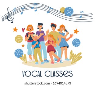 Children vocal classes banner with singing kids cartoon characters. Music lessons, chorus and education. School or preschool musical performance poster. Flat vector illustration isolated background.