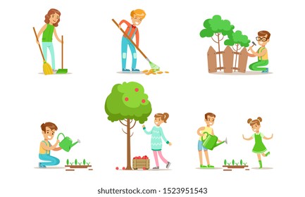 Children Volunteering in the Garden or Park Set, Teen Boys and Girls Watering Seedlings, Repairing Fence, Sweeping and Raking Leaves, Harvesting Vector Illustration