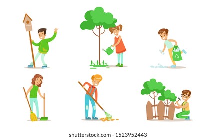 Children Volunteering in the Garden or Park Set, Teen Boys and Girls Gathering Garbage, Watering Trees, Repairing Fence, Sweeping and Raking Leaves Vector Illustration