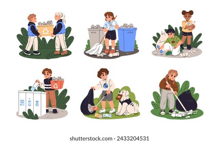 Children volunteers care about ecology set. Kids picking litters into dustbin. Girls and boys sorting recycle waste, throw trash in container. Flat isolated vector illustration on white background